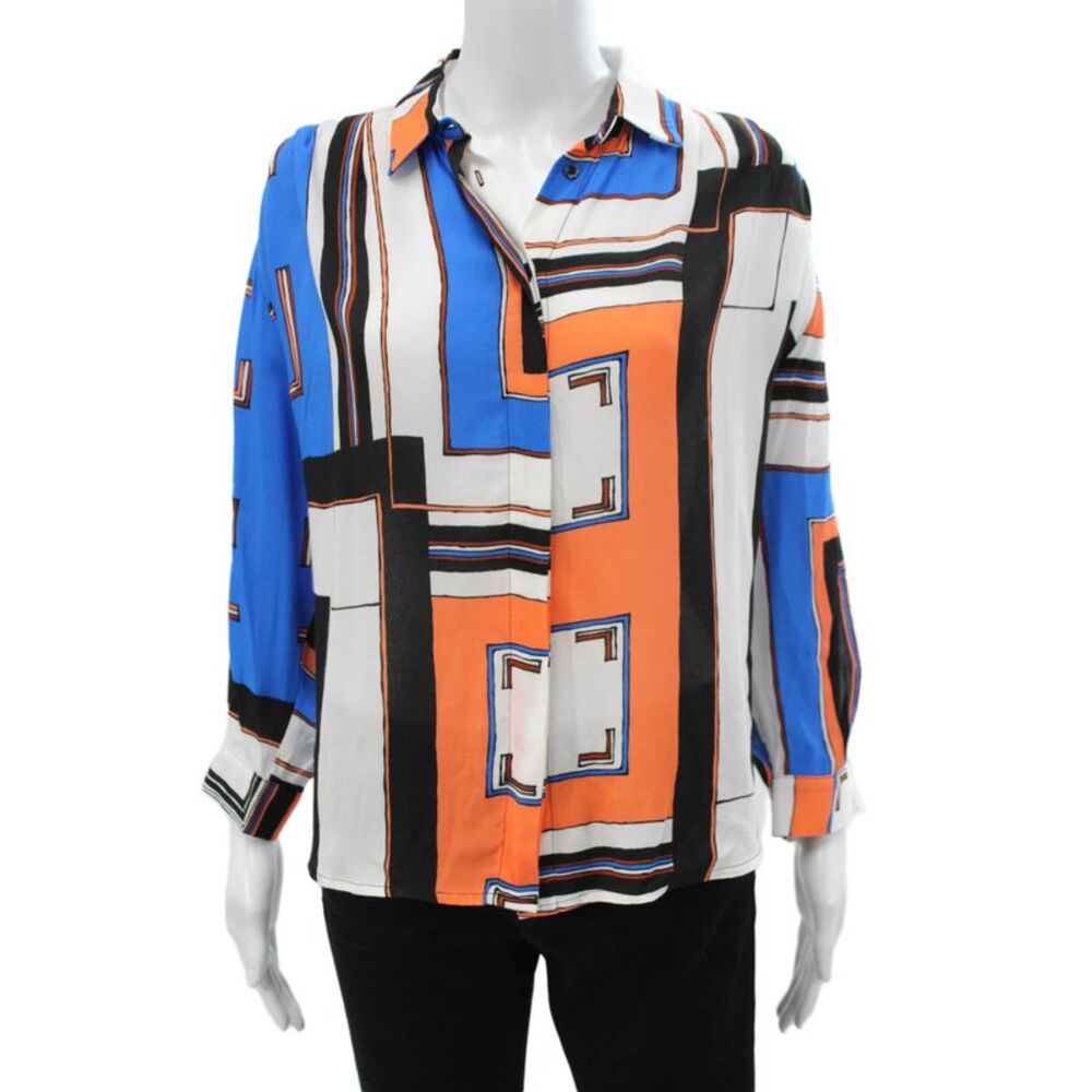 Designer Women Collared Geometric Viscose Button-Up Long Sleeve Top Size 42